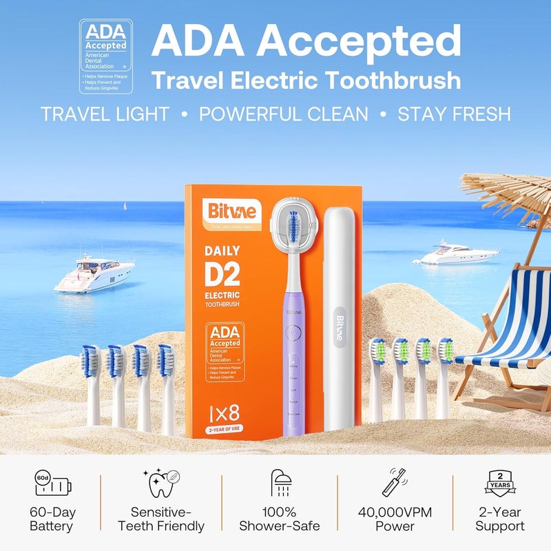 Bitvae Ultrasonic Electric Toothbrush for Adults and Kids, ADA Accepted Travel Toothbrush with Rechargeable 60-Day Battery Life, 5 Modes, 8 Heads, Case, Holder, Purple - Image 2
